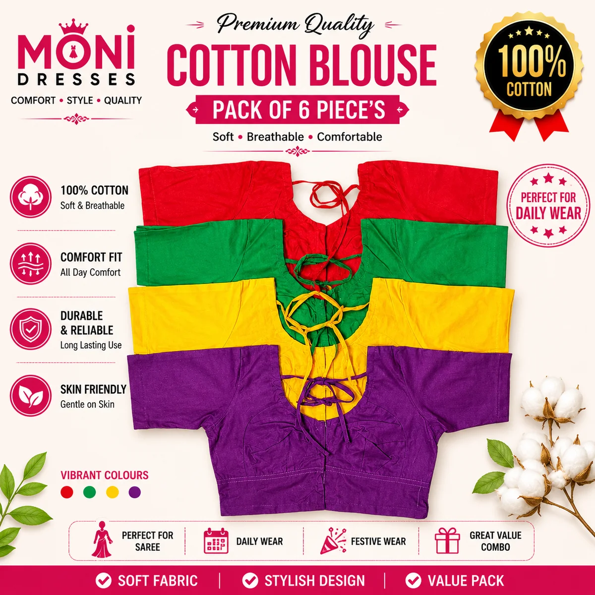 Moni Dresses Women's 100% Cotton Blouse | Comfortable Half Sleeve Saree Blouse | Tie-Up Back Design | Pack of 4 Pic's
