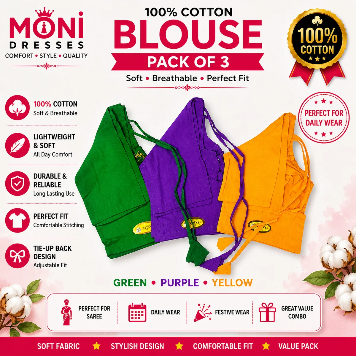 Moni Dresses Women's 100% Pure Cotton Back Dori Tie-Up Readymade Saree Blouse Combo - Pack of 3 (Green, Purple, Yellow)