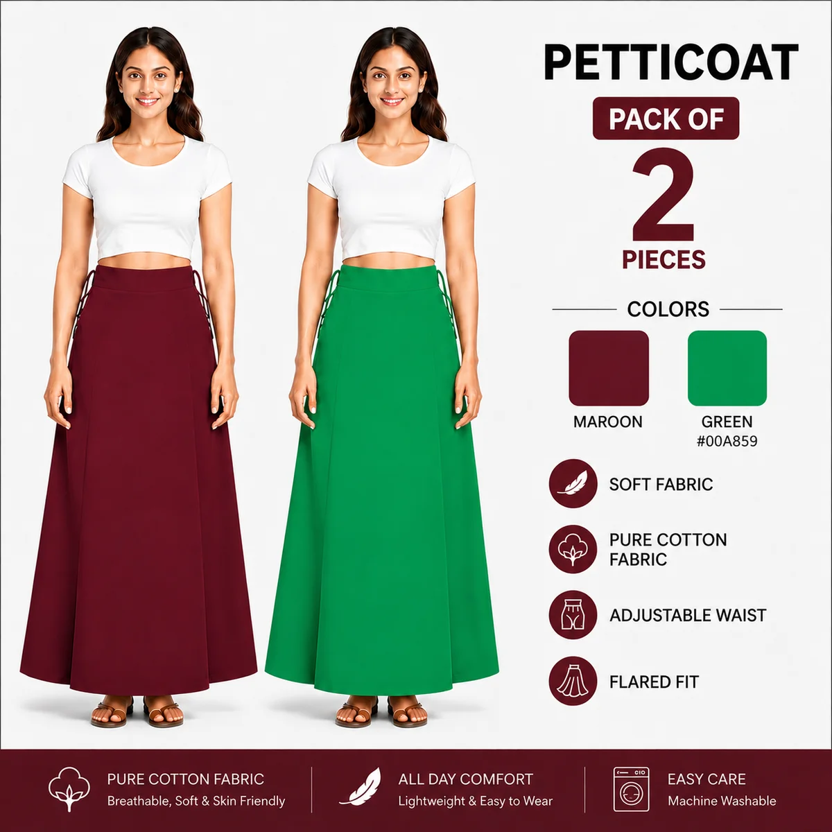 Moni Dresses Premium 100% Pure Cotton Petticoat – Comfortable, Durable Saree Underskirt for Women (Adjustable Drawstring, Free Size)