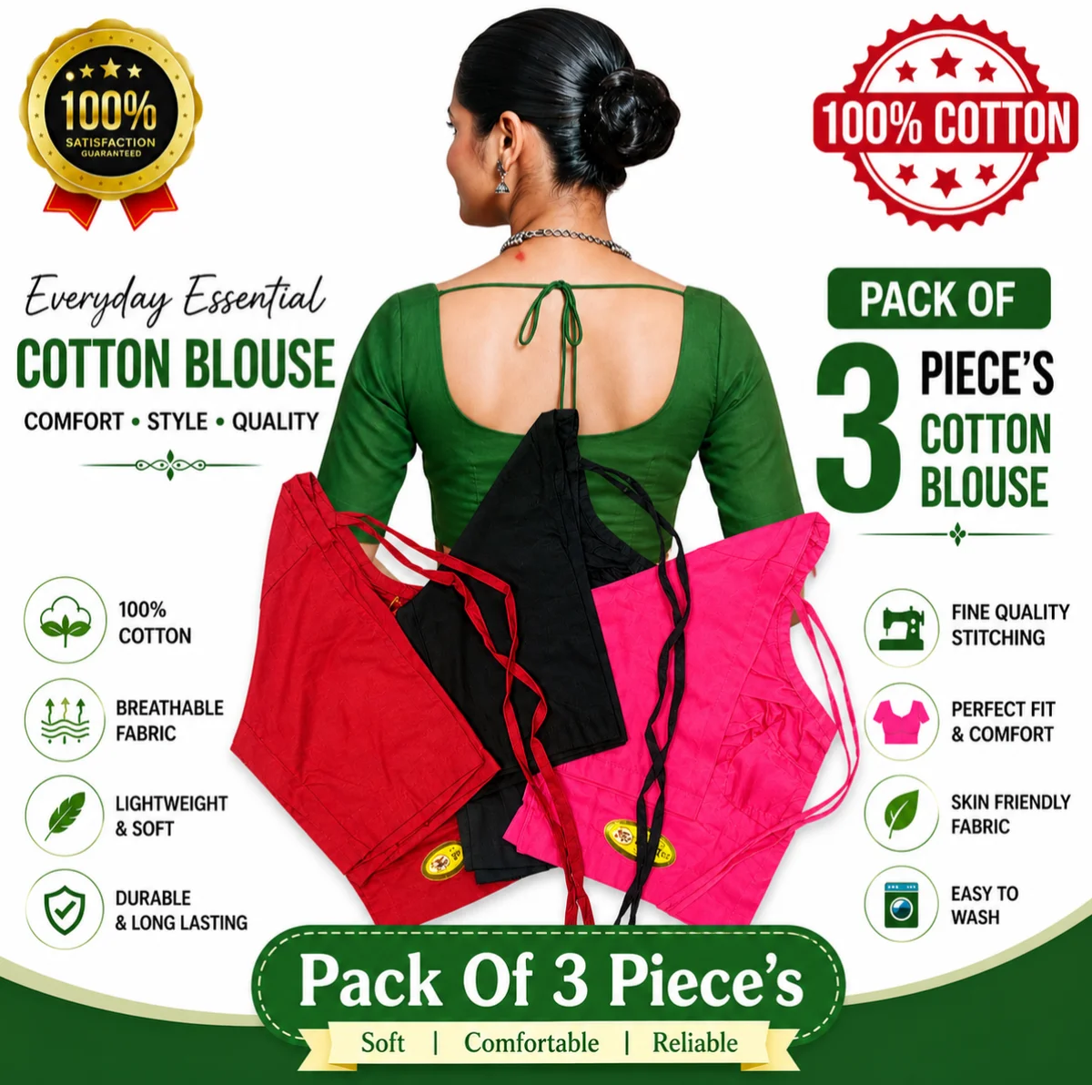 Moni Dresses Women's 100% Pure Cotton Back Dori Tie-Up Readymade Saree Blouse Combo - Pack of 3 (Red, Black & Pink)
