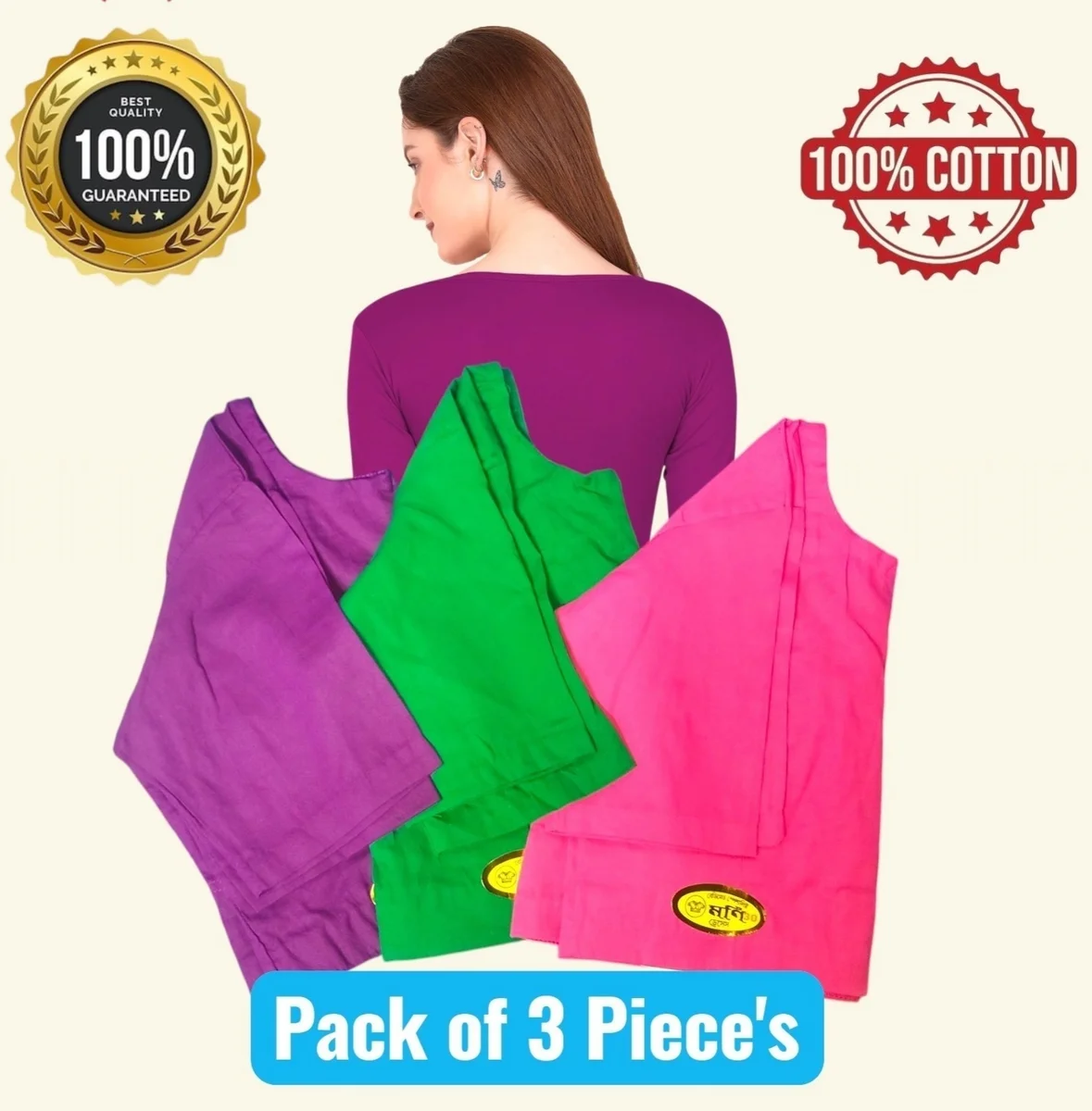 Moni Dresses Women's 100% Pure Cotton High Neck V-Neck Readymade Saree Blouse Combo - Pack of 3 (Purple, Green, Pink)