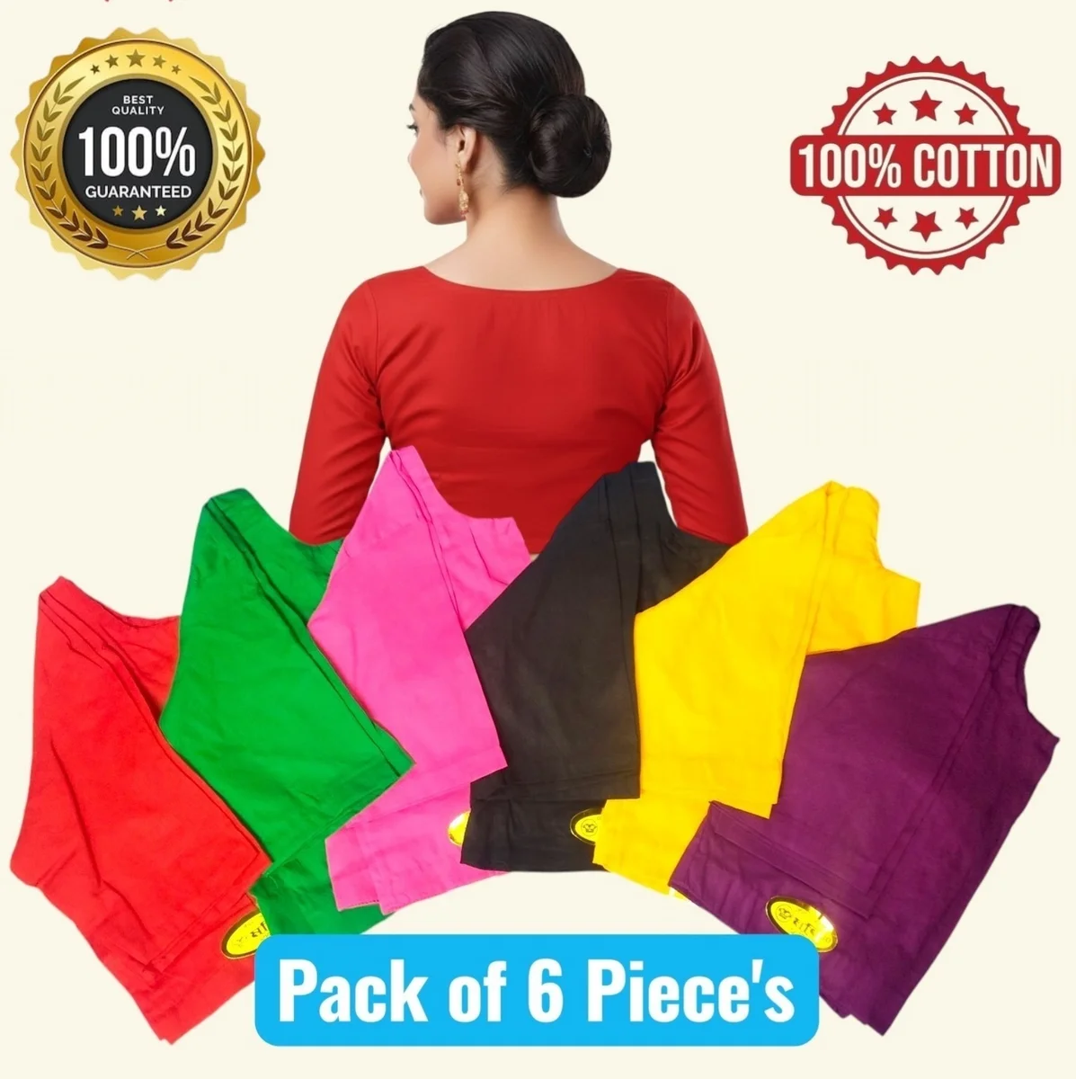 Moni Dresses Women's 100% Pure Cotton High Neck V-Neck Readymade Saree Blouse Combo - Pack of 6 Multi-Color Regular Fit Blouses