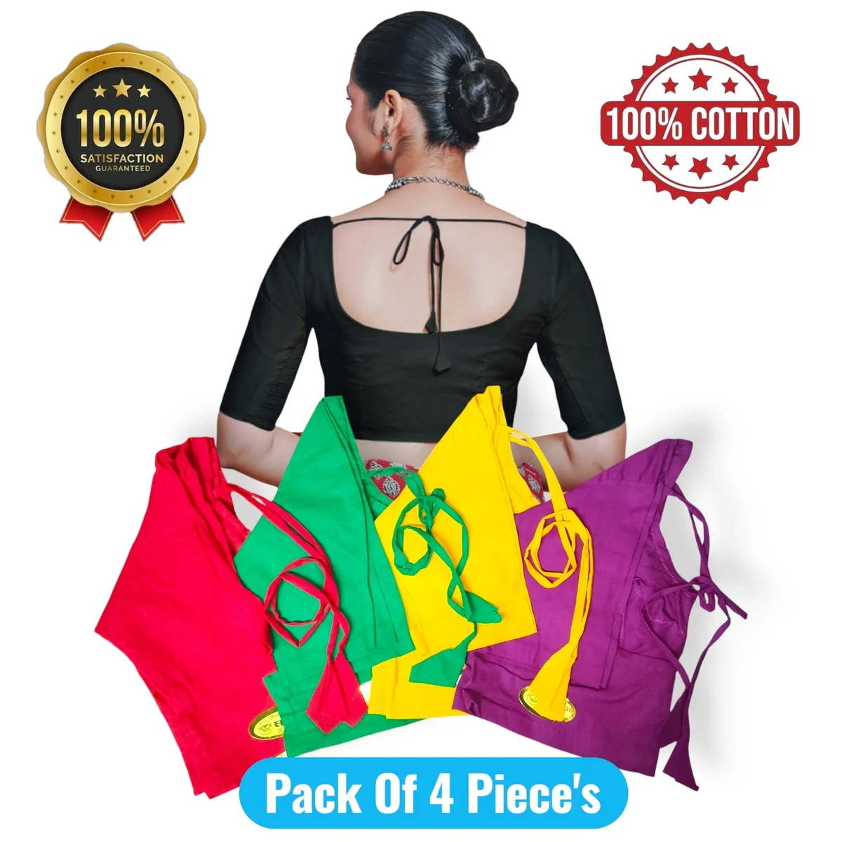 Moni Dresses Women's 100% Cotton Blouse | Comfortable Half Sleeve Saree Blouse | Tie-Up Back Design | Pack of 4