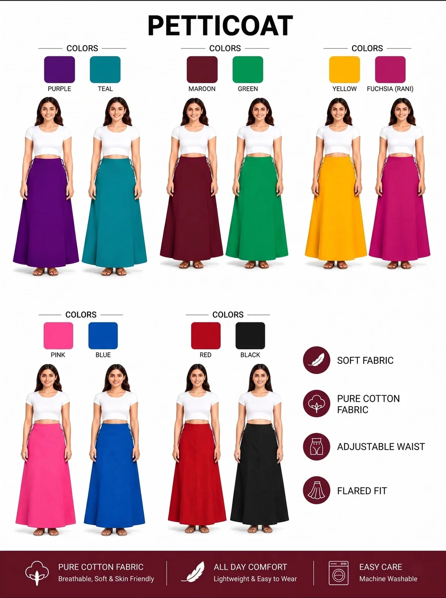 Wholesale Pure Cotton Saree Petticoats Bulk Lot | Premium Flared Underskirt with Drawstring | Multi-Color Assorted Pack