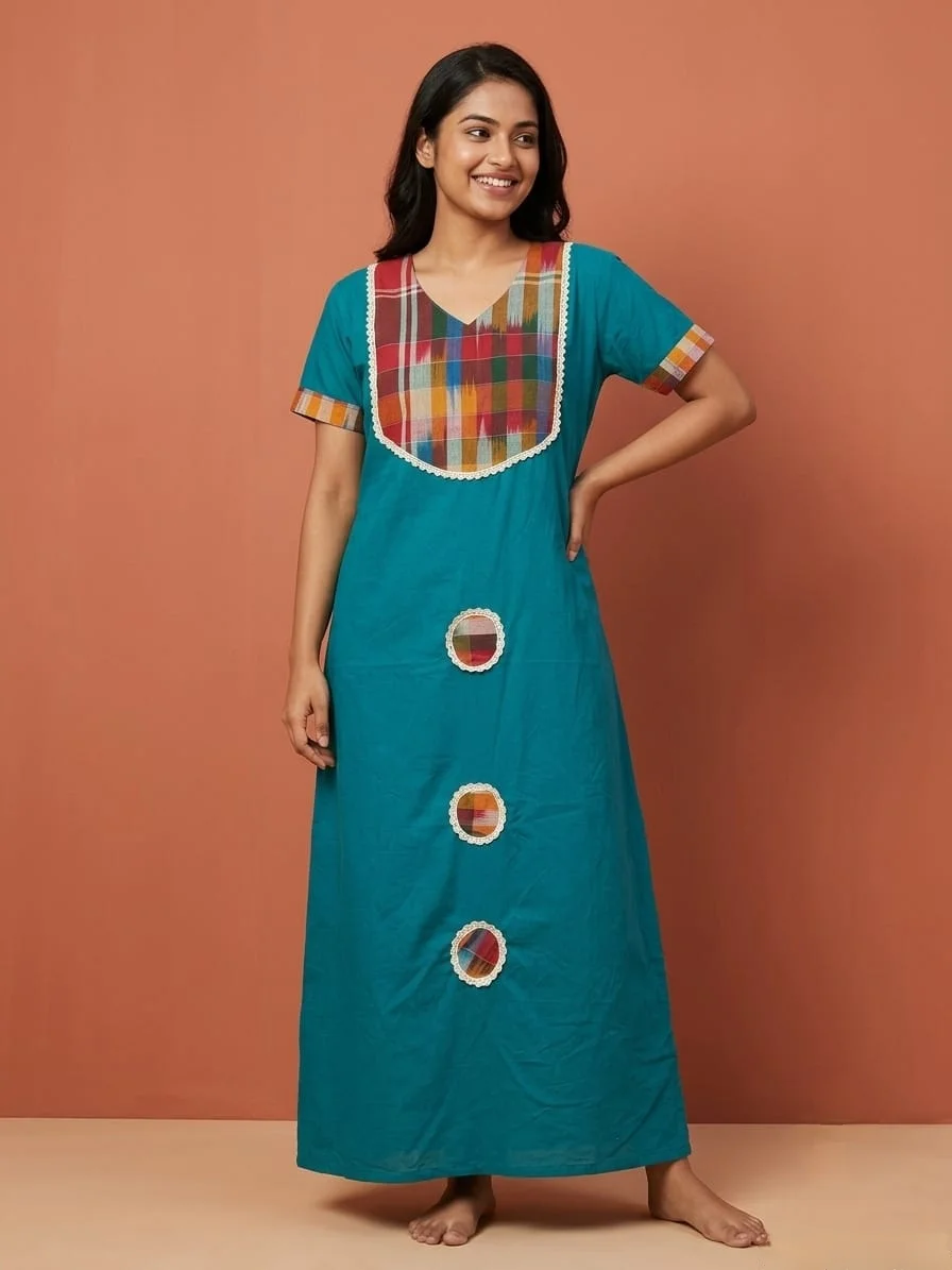 Elegant Teal Blue Cotton Maxi Nighty with Checked Patchwork