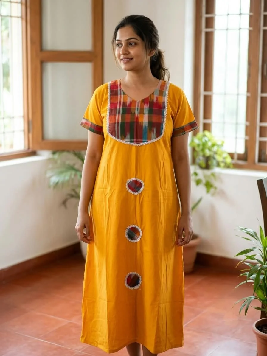 Vibrant Mustard Yellow Cotton Maxi Nighty with Checked Patchwork