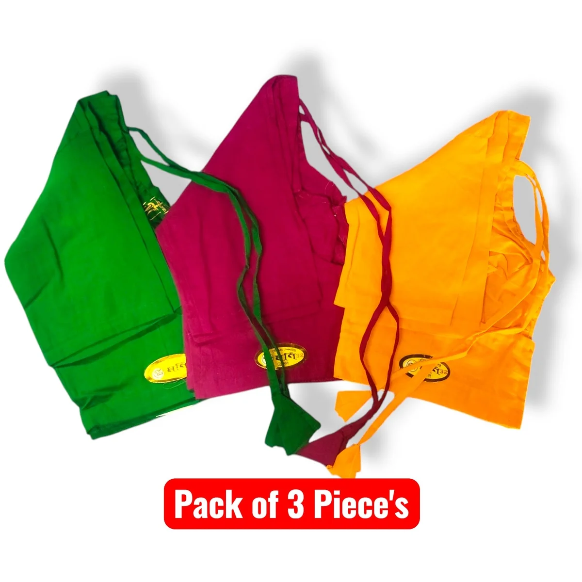 Moni Dresses Women's 100% Pure Cotton Back Dori Tie-Up Readymade Saree Blouse Combo - Pack of 3 (Green, Purple, Yellow)