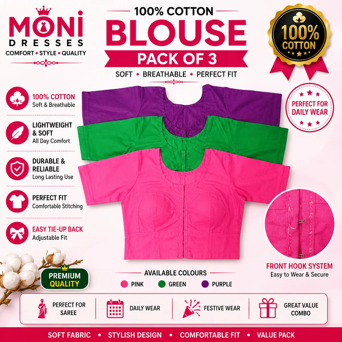 Moni Dresses Women's 100% Pure Cotton High Neck V-Neck Readymade Saree Blouse Combo - Pack of 3 (Purple, Green, Pink)