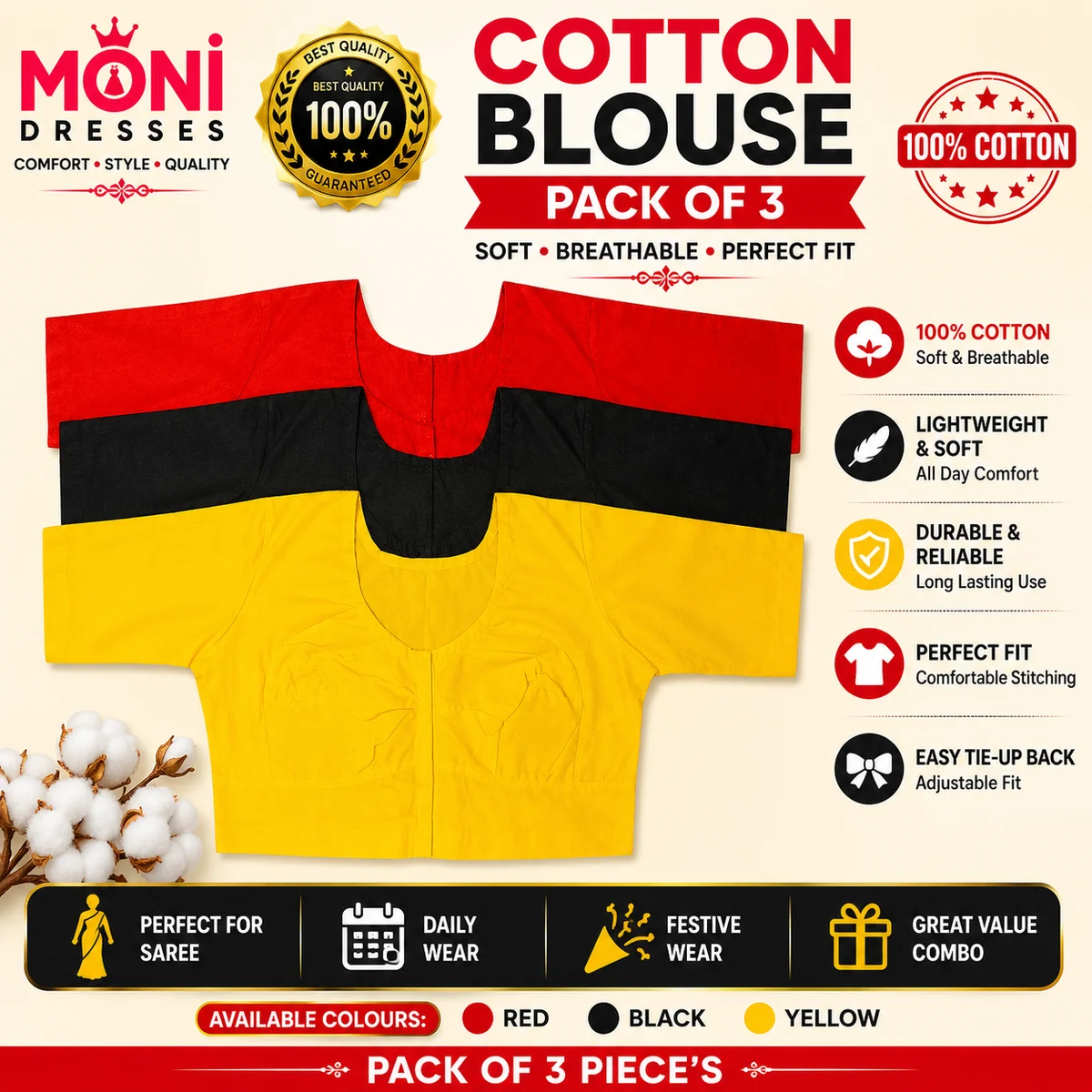 Moni Dresses Women's 100% Pure Cotton High Neck V-Neck Readymade Saree Blouse Combo - Pack of 3 (Red, Black, Yellow)