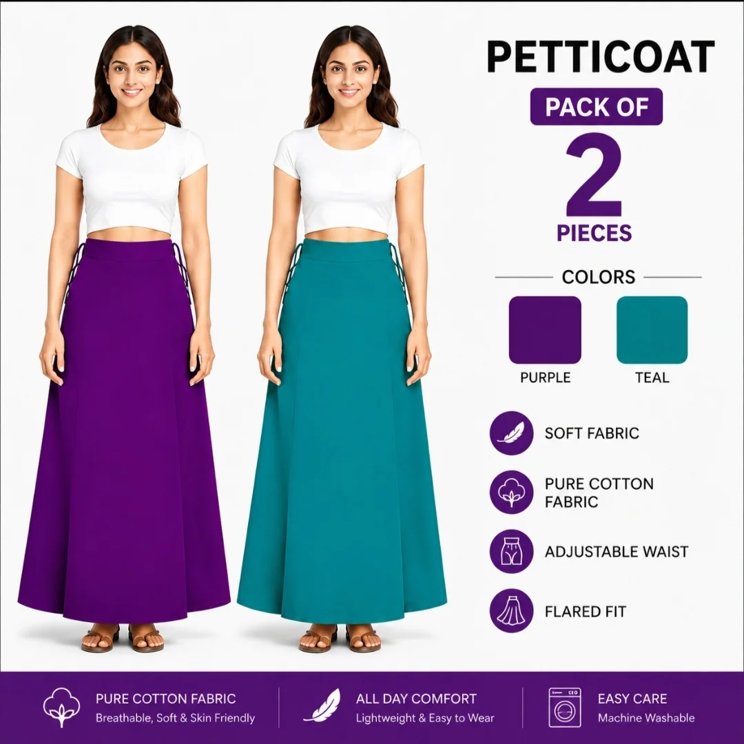 Moni Dresses Premium Soft Cotton Saree Underskirt for Women – Durable, Lightweight & Skin-Friendly Petticoat (Available in Purple & Sea Green)