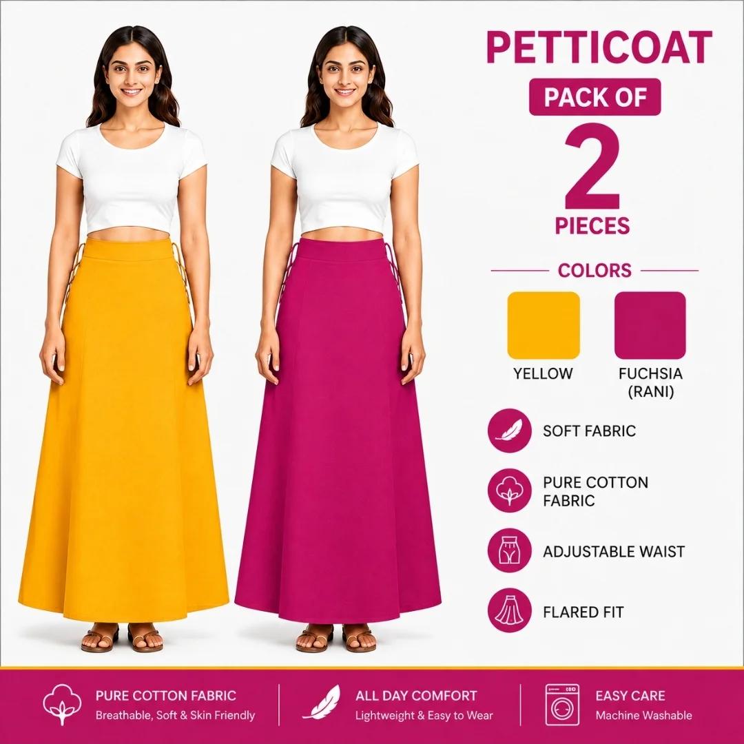 Moni Dresses Premium Soft Cotton Petticoat for Saree & Lehenga – Everyday Lightweight Underskirt (Available in Pink & Yellow)