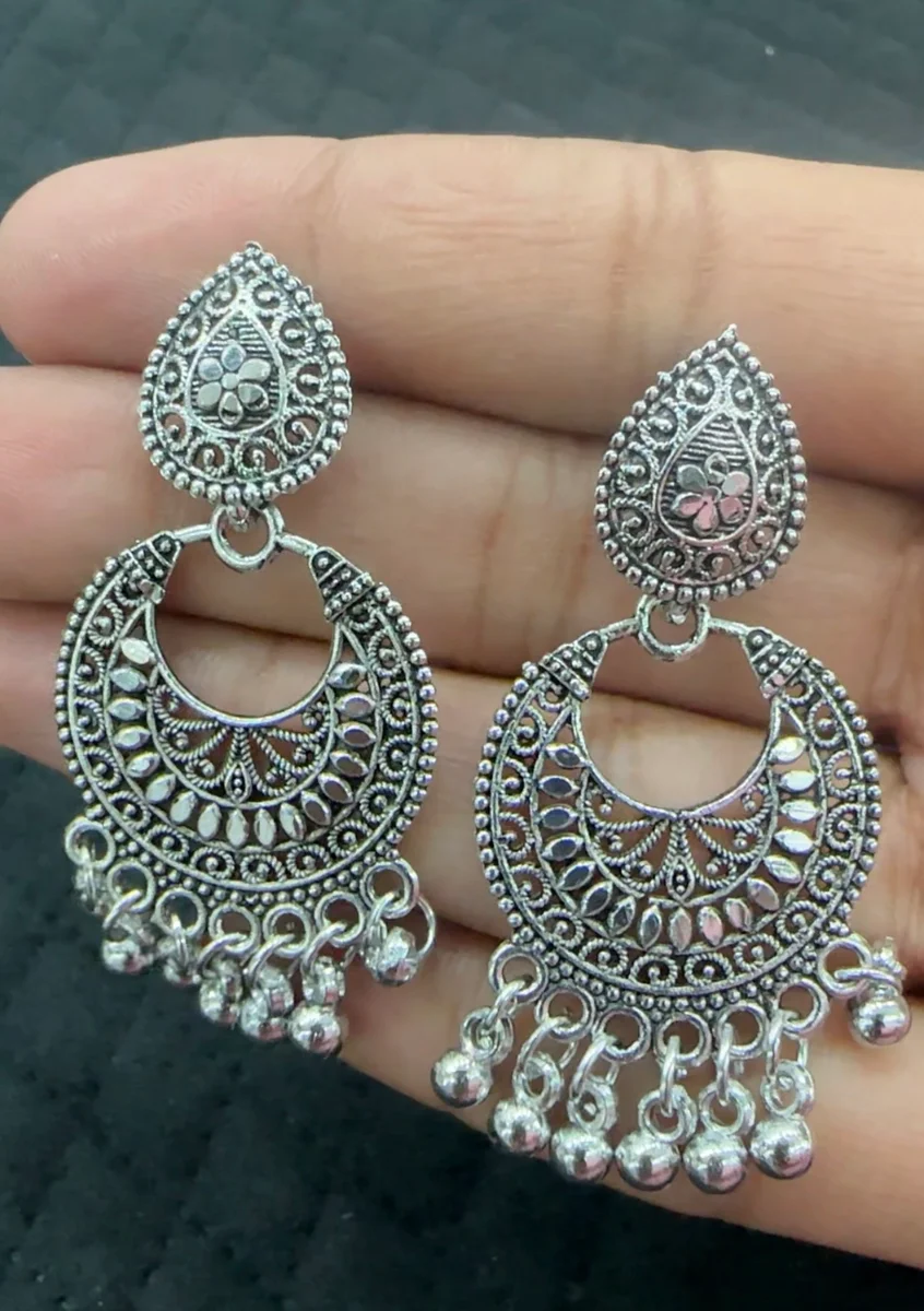 Oxidised Silver Teardrop Chandbali Earrings