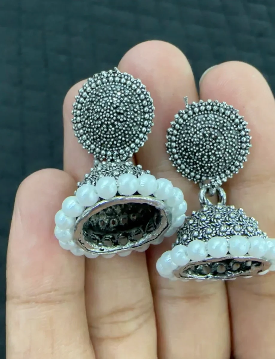 Pearl Border Oxidised Jhumka Earrings