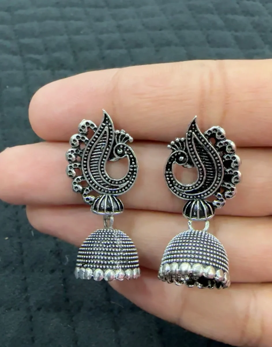 Oxidised Peacock Jhumka Earrings