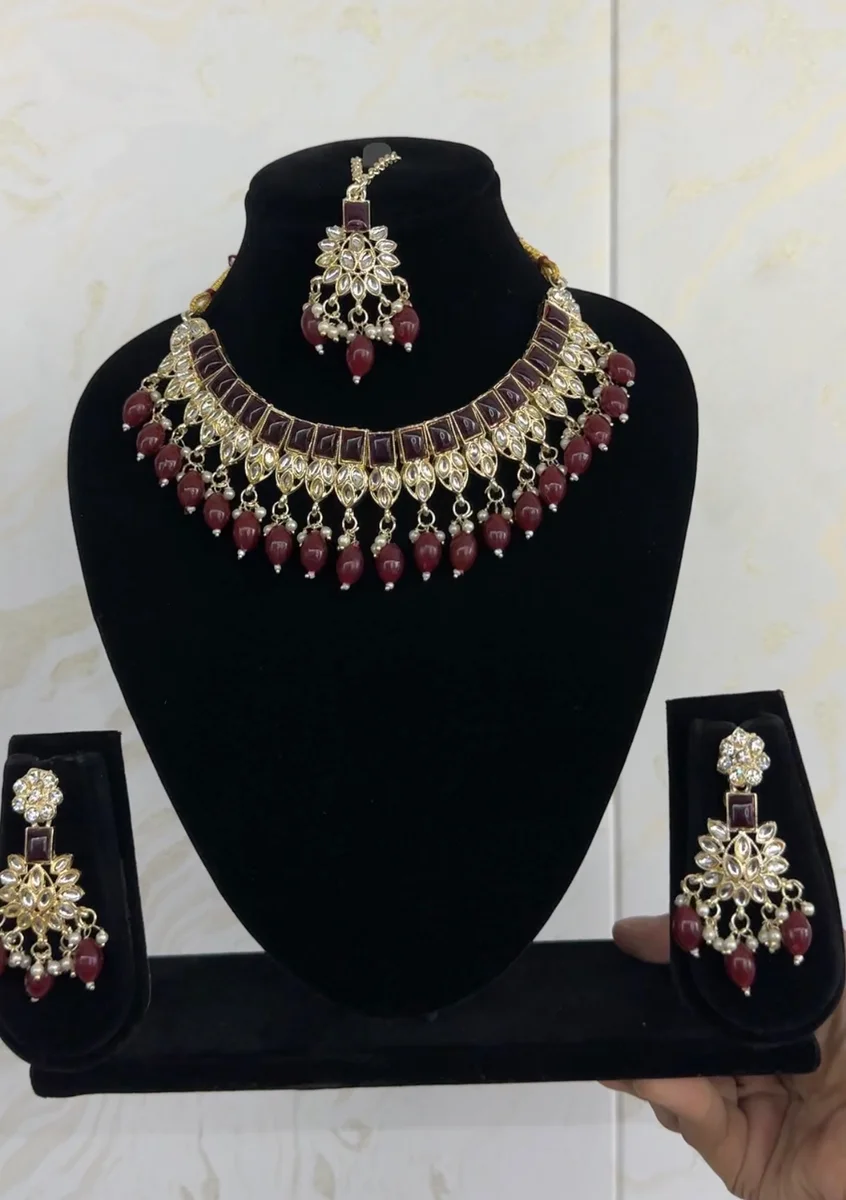 Royal Maroon Kundan Beaded Necklace Set
