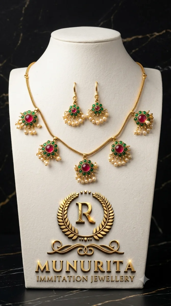 Munurita Royal Heritage Kemp Stone & Pearl Choker Necklace Set with Matching Earrings 2