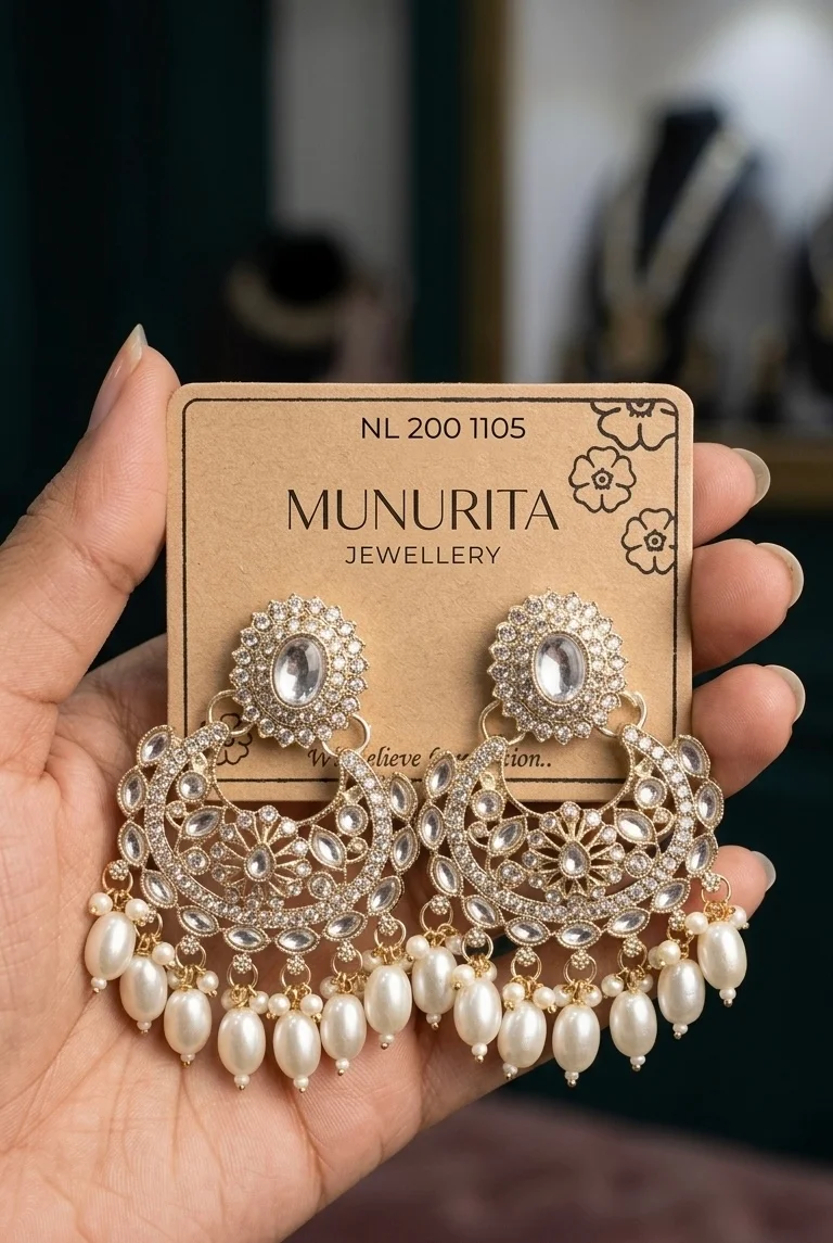 Premium Quality White Colour Stone Chand Earrings