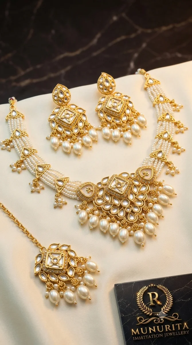 Traditional Kundan work accented with lustrous white pearls 2