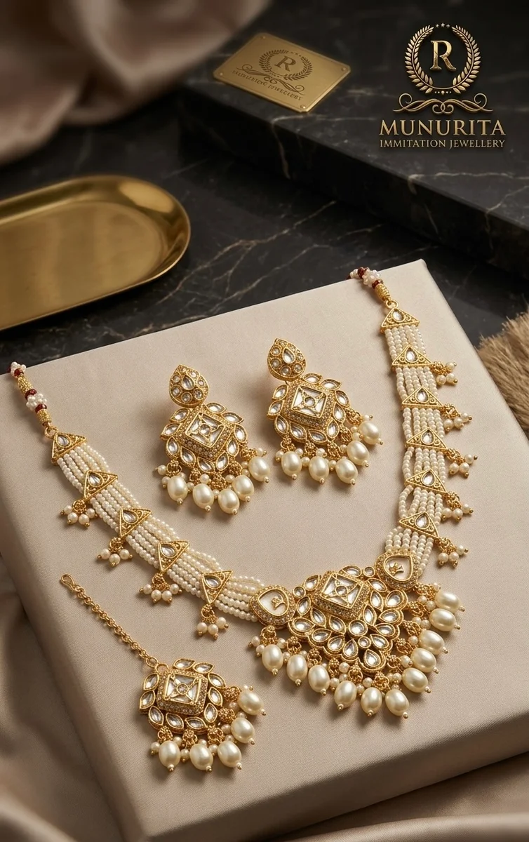 Traditional Kundan work accented with lustrous white pearls 3