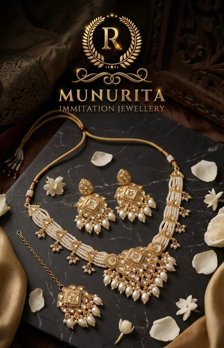 Traditional Kundan work accented with lustrous white pearls 4