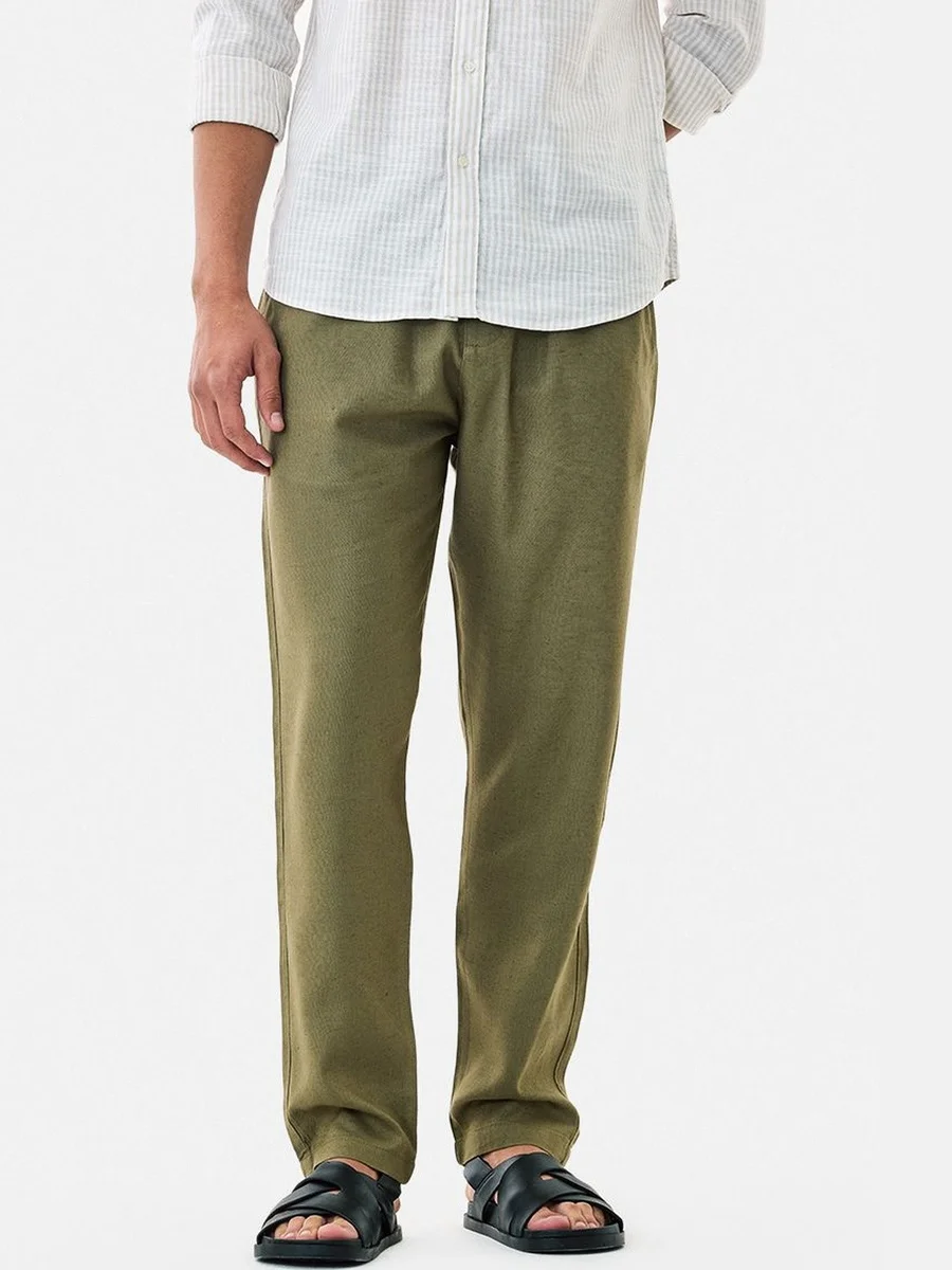 Slim fit Mid-rise Length: regular Pattern: solid self design Flat-front, with no pleats design Feature: plain 4 pockets