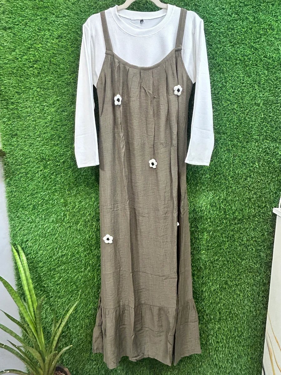 Korean Daisy Pinafore Long Gown with Free Inner - Olive