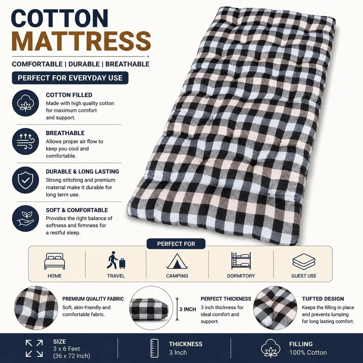 Cotton Filled Single Bed Mattress, Soft & Comfortable Foldable Gadda/Quilt for Home, Hostel & Guest Room, Lightweight Single Mattress for Sleeping, 3 x 6 Feet (72 x 36 Inches) 3