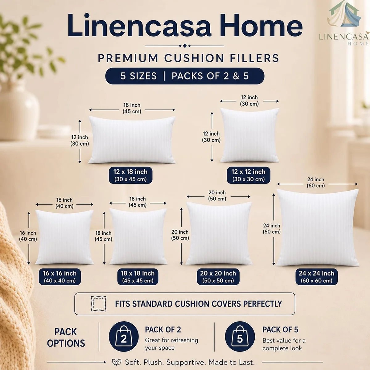 Premium Cushion Fillers 16x16 inches, Set of 5, Microfiber Cushion Inserts with Hollow Fiber Filling, Soft & Plush Cushions for Sofa, Bed & Living Room, White 5