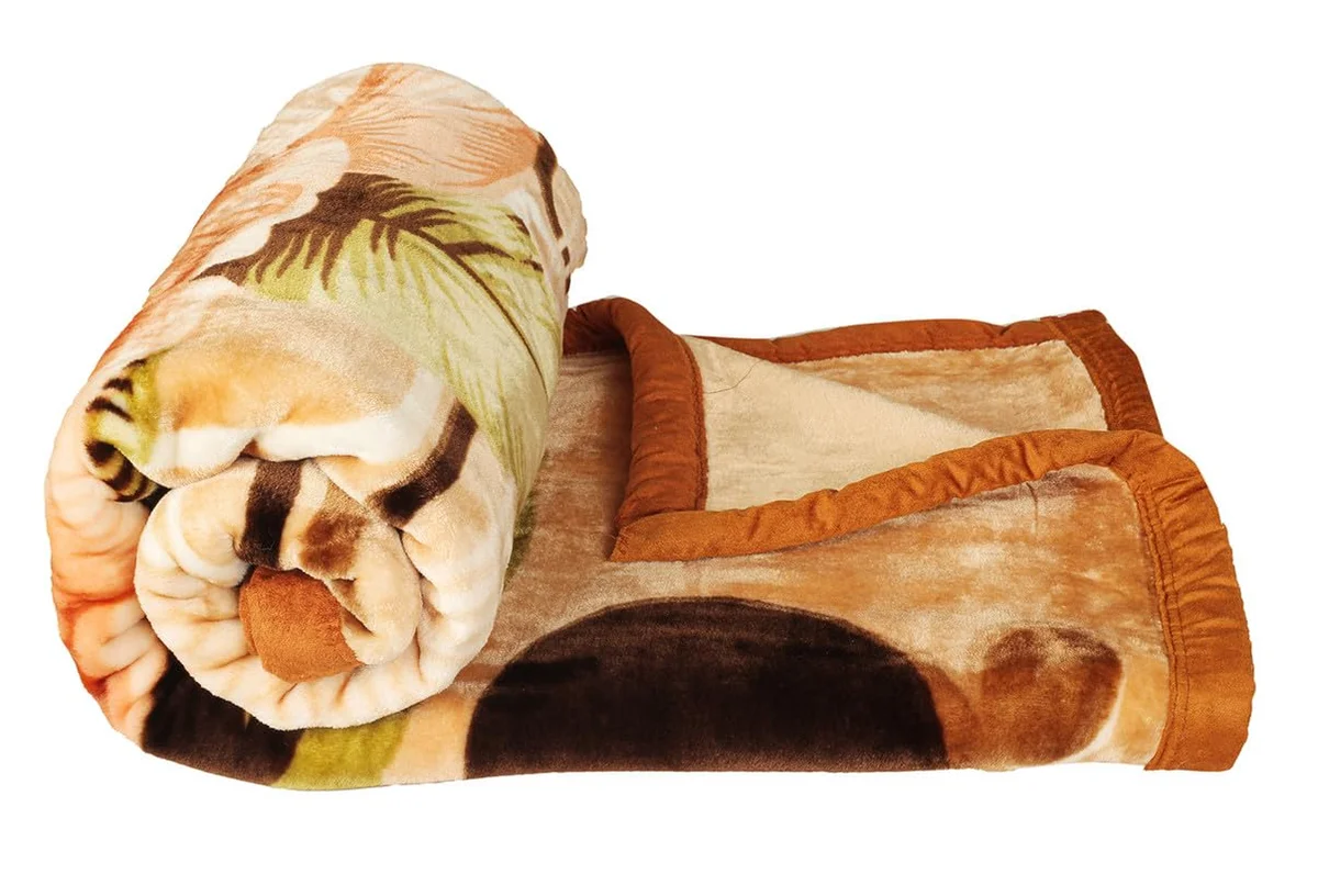Embosed Super Soft Cloudy Printed Single Bed Blanket for Heavy Winter, Single Ply Mink Blanket King Size (Multicolour Beige Brown & Green, Pack of 1)| TC - 400