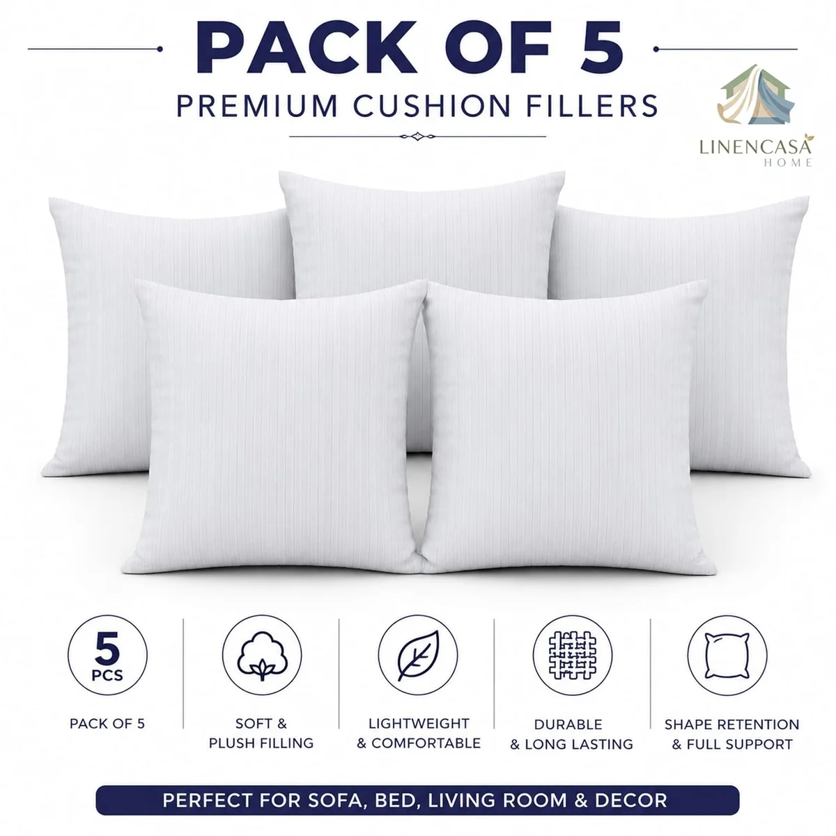 Premium Cushion Fillers 16x16 inches, Set of 5, Microfiber Cushion Inserts with Hollow Fiber Filling, Soft & Plush Cushions for Sofa, Bed & Living Room, White 8