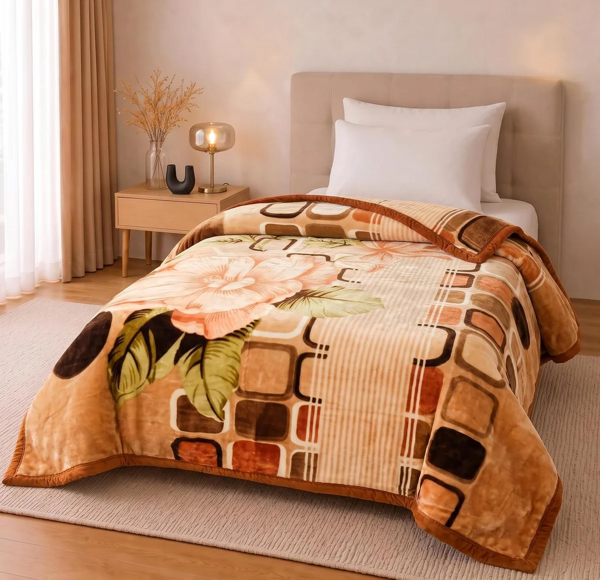 Embosed Super Soft Cloudy Printed Single Bed Blanket for Heavy Winter, Single Ply Mink Blanket King Size (Multicolour Beige Brown & Green, Pack of 1)| TC - 400 7