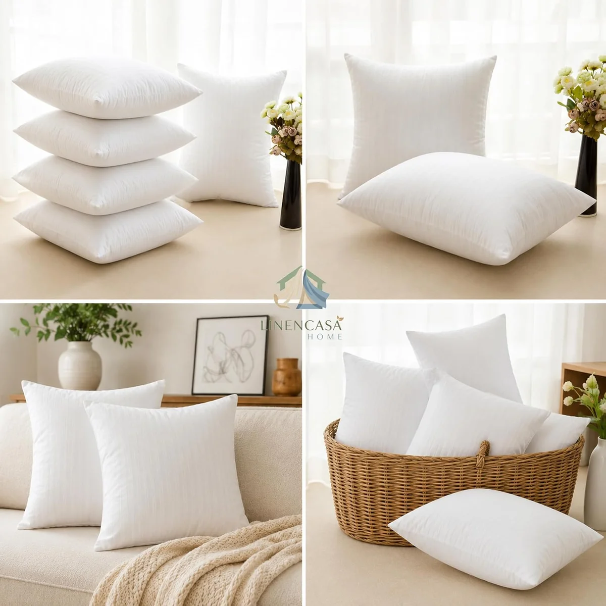 Premium Cushion Fillers 16x16 inches, Set of 5, Microfiber Cushion Inserts with Hollow Fiber Filling, Soft & Plush Cushions for Sofa, Bed & Living Room, White 7
