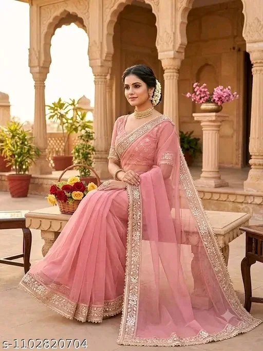 Embroidered MotiWork Pink Gold Two ton Net Saree With Blouse Piece