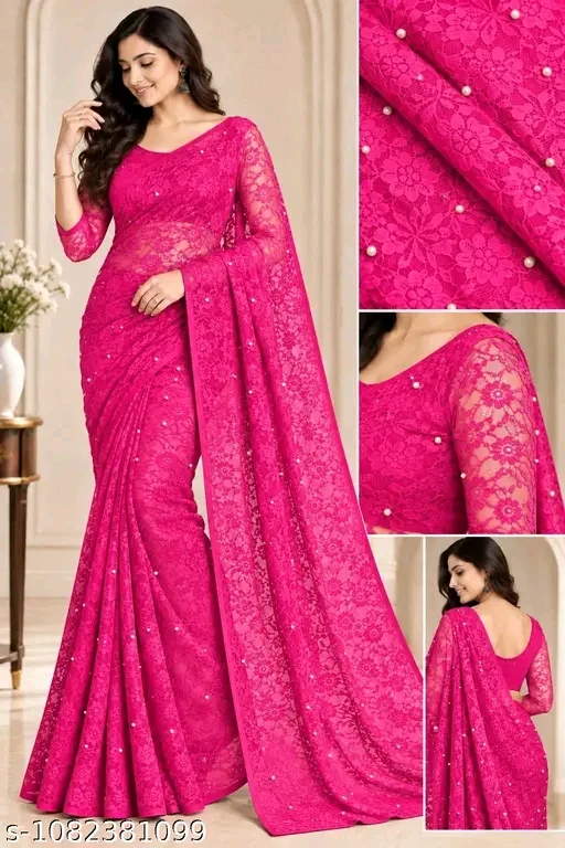 WOMEN FLORAL NET SAREE WITH SEQUIN WORK & UNTITCHED BLOUSE