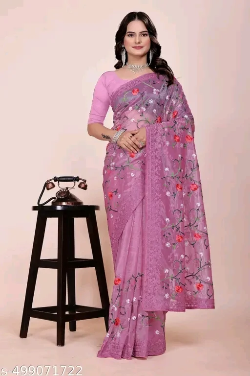 Women's Wine Soft Net Saree with Embroidered Work & Unstitched Blouse