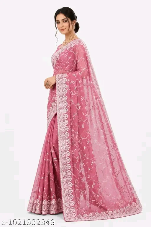 Women's Soft Net Saree with Heavy Silver Floral Embroidery, Mirror Work Border,
