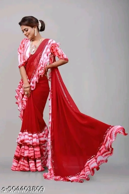Women's Beautiful Print Georgette Frills Saree With Blouse Piece