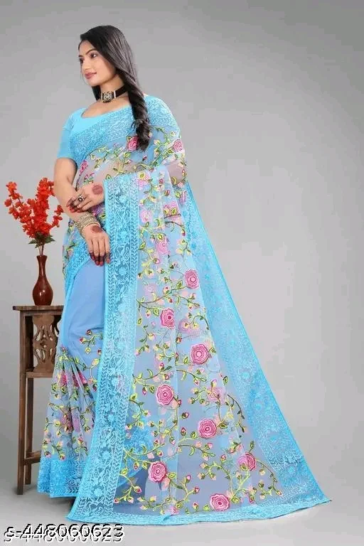 Name: Designer Embroidered Net Saree with Unstitched Blouse