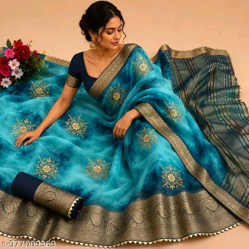 Attractive Organza Embroidery Work Zari Lace Border Saree With Running Blouse Piece