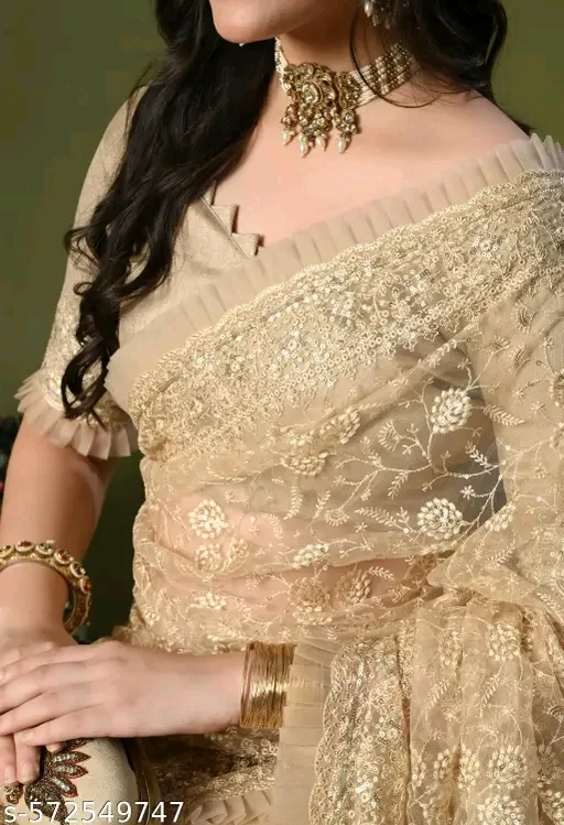 Premium Creem Net Embroidered Sarees With Freel Lace Border and Havy Banglori Blouse Best collection for Girls in Rakshabandhan