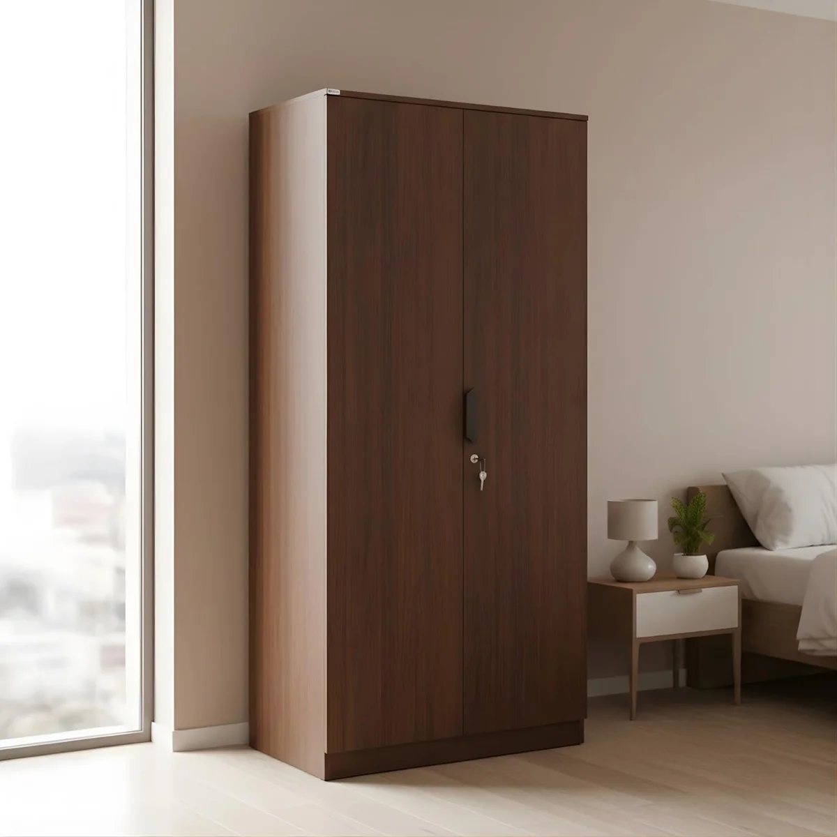 Modvia 2 Door Wooden Wardrobe for Bedroom | Almirah with 3 Shelves, 1 Hanging Rod & 1 Drawer | Clothes Cupboard | Engineered Wood | Classic Walnut
