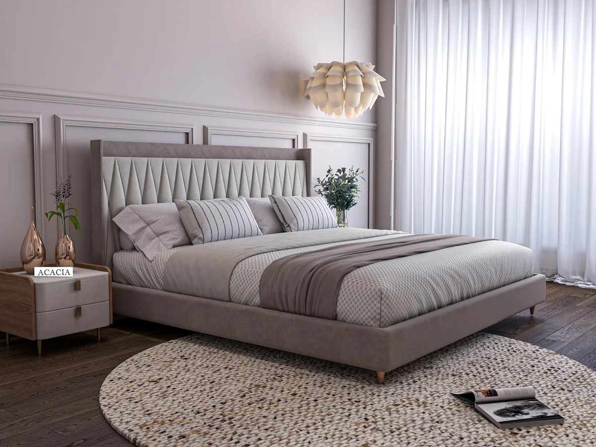 Modvia Upholstered King Size Bed for Bedroom | Wooden Double Bed | Platform Cot Bed with Upholstery Premium Fabric | 6.5 x 6 Ft | Sheesham Solid Wood (Rosewood, Browndust)