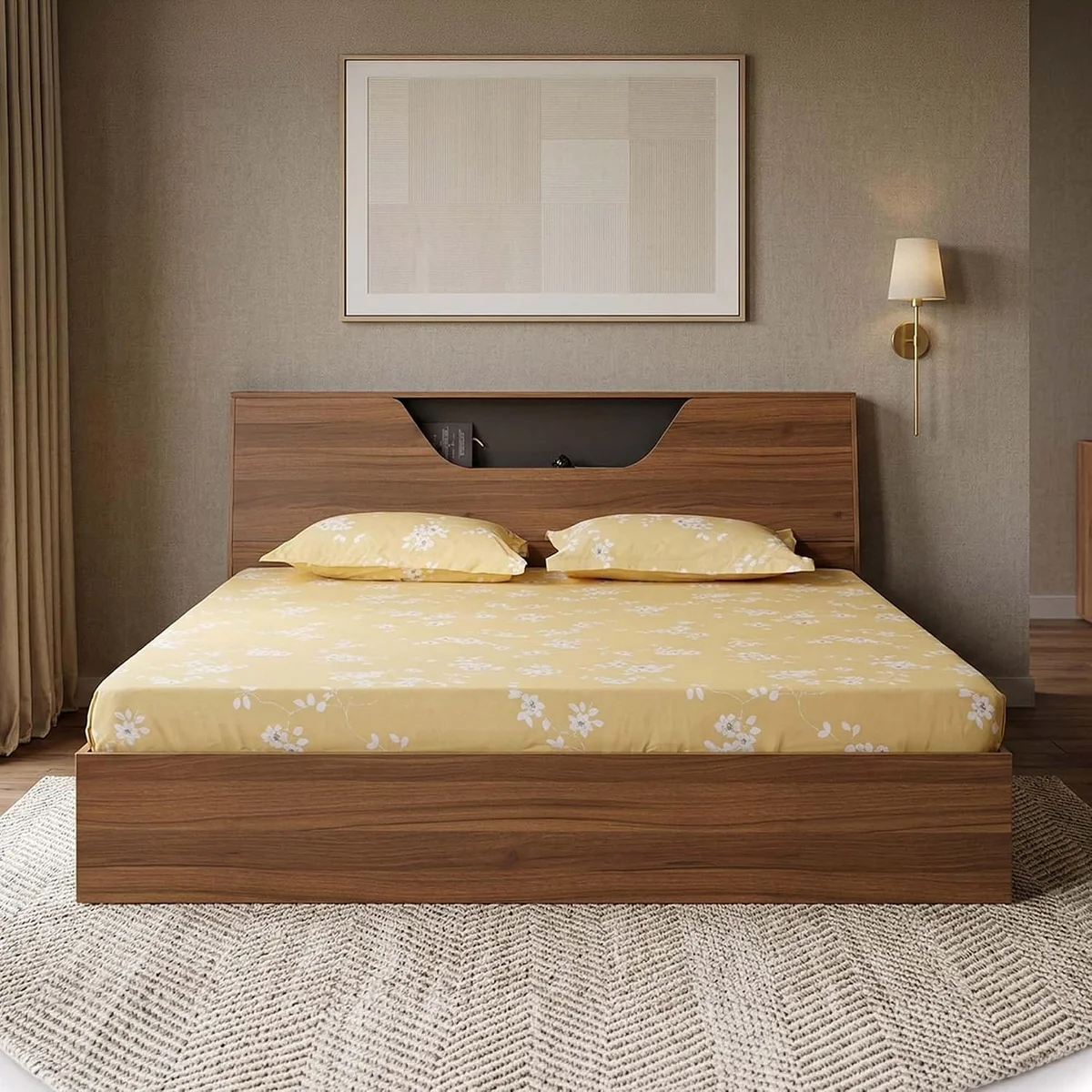 Modvia King Bed Without Storage, Engineered Wood Bed Frame with Melamine Finish, Dual Tone Headboard, Modern Design, Durable Base, W 74.40 X D 80.70 X H 35.43 Inches