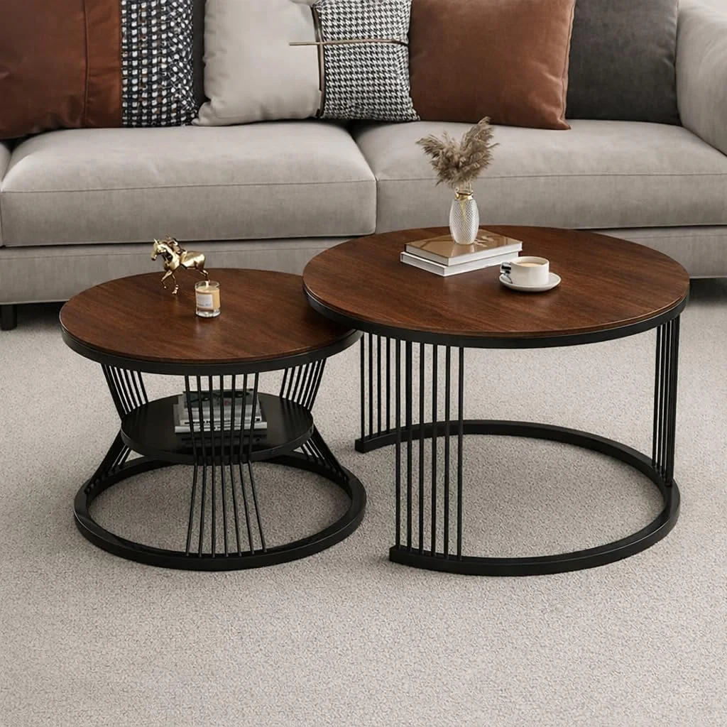 Modvia Round Coffee Table Home Décor Furniture Coffee Table Sets,2 Piece MDF Top,Stacking Nesting Table with Iron Frame for Living Room Living Room or Lounge (Black Brown)