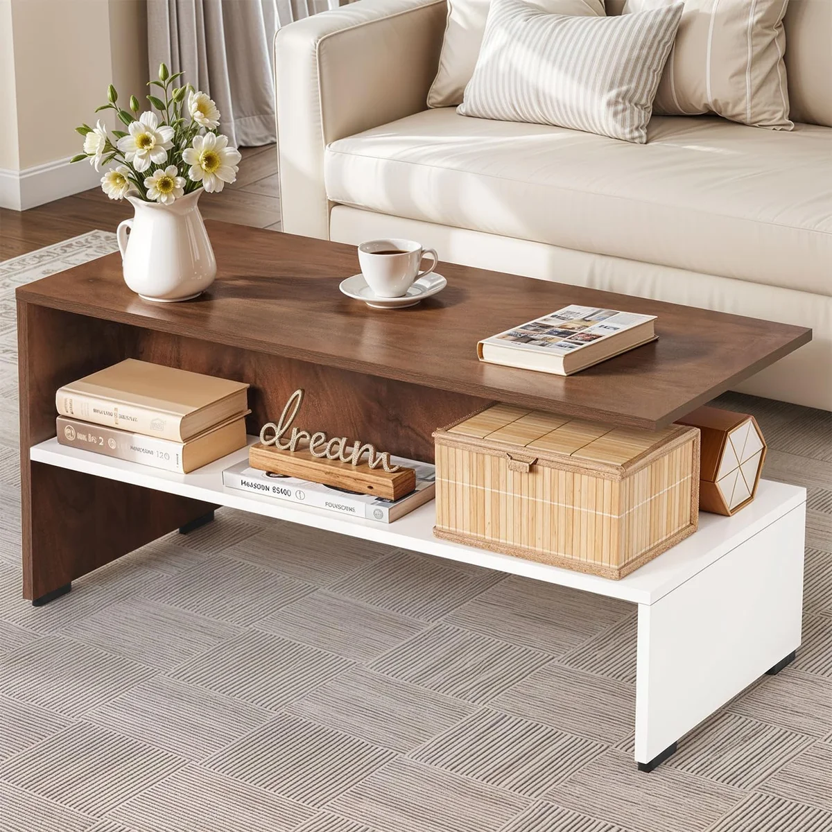 Modvia Coffee Table - Portable Wooden Centre Table with Open Partition Storage - DIY Furniture - Sofa Tea Poyee for Living Room, Home, Office (White & Walnut - L 90 x B 40 x H 43 cm)
