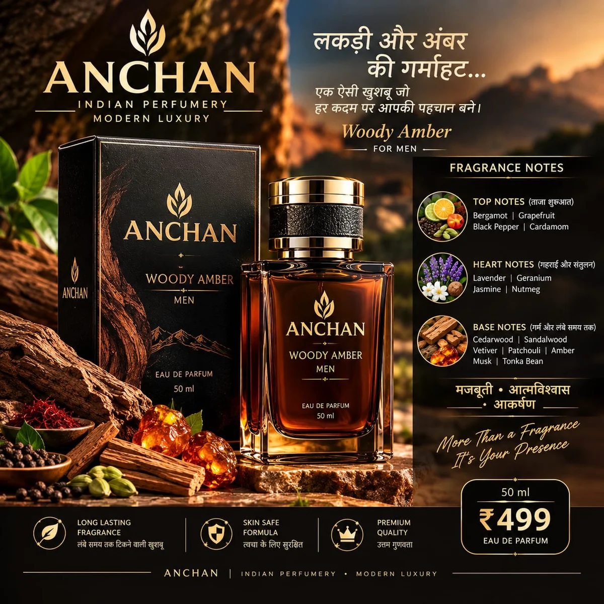ANCHAN Woody Amber Eau De Parfum for Men – 50ml