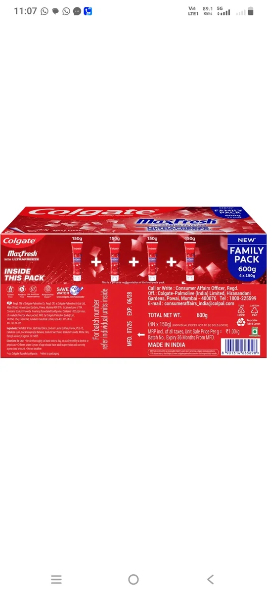 Colgete Maximum fresh (200gm *4) MRP 576 2