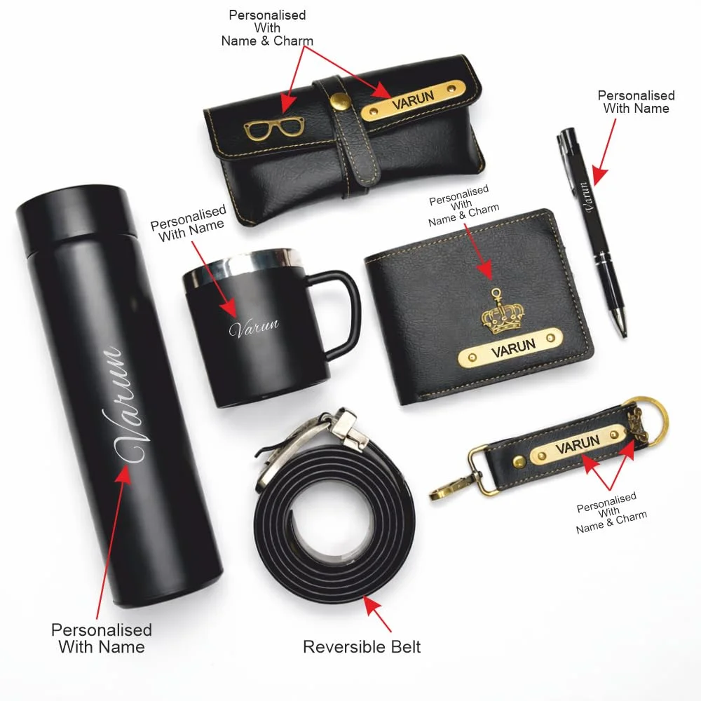 Customized 7 PCS Gift Set for Men | Personalized Leather Wallet All in One Gift for Men | Customized Valentine, Birthday & Rakhi Gift for Brother, Husband, Boyfriend and Friends (Black)