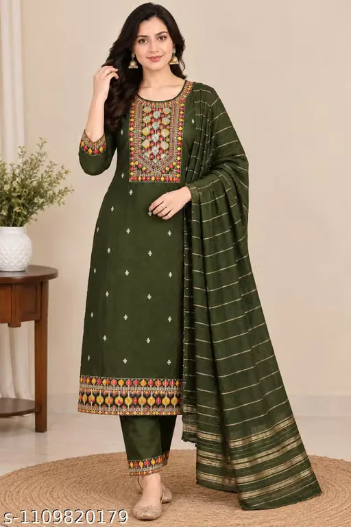 Women’s Embroidered Cotton Silk & Straight Pants (Olive Green)
