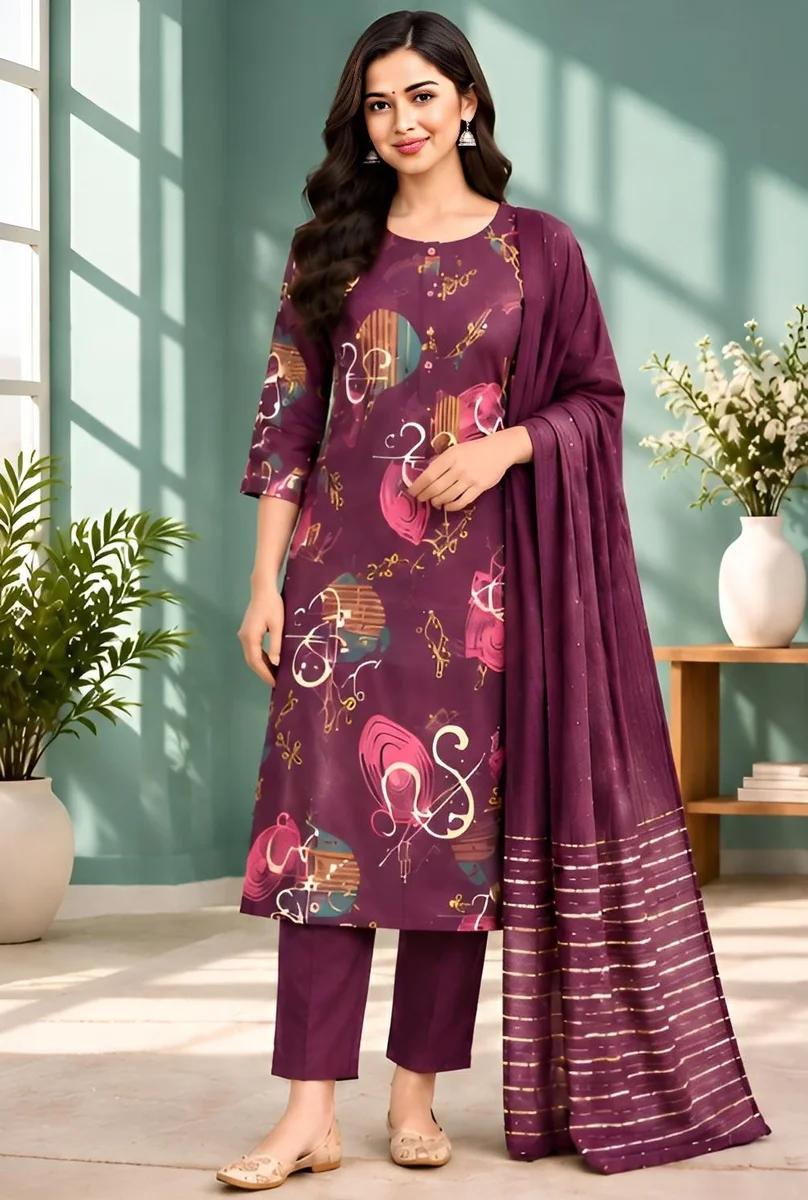 Abstract Golden Print Straight Kurti with Bottomwear and dupatta